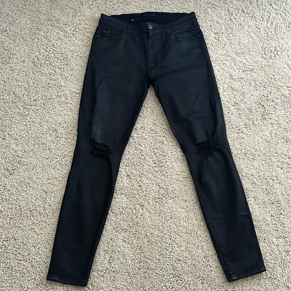 7 For All Man Kind Coated Distressed Black Skinny Mid Rise Jeans Size 32